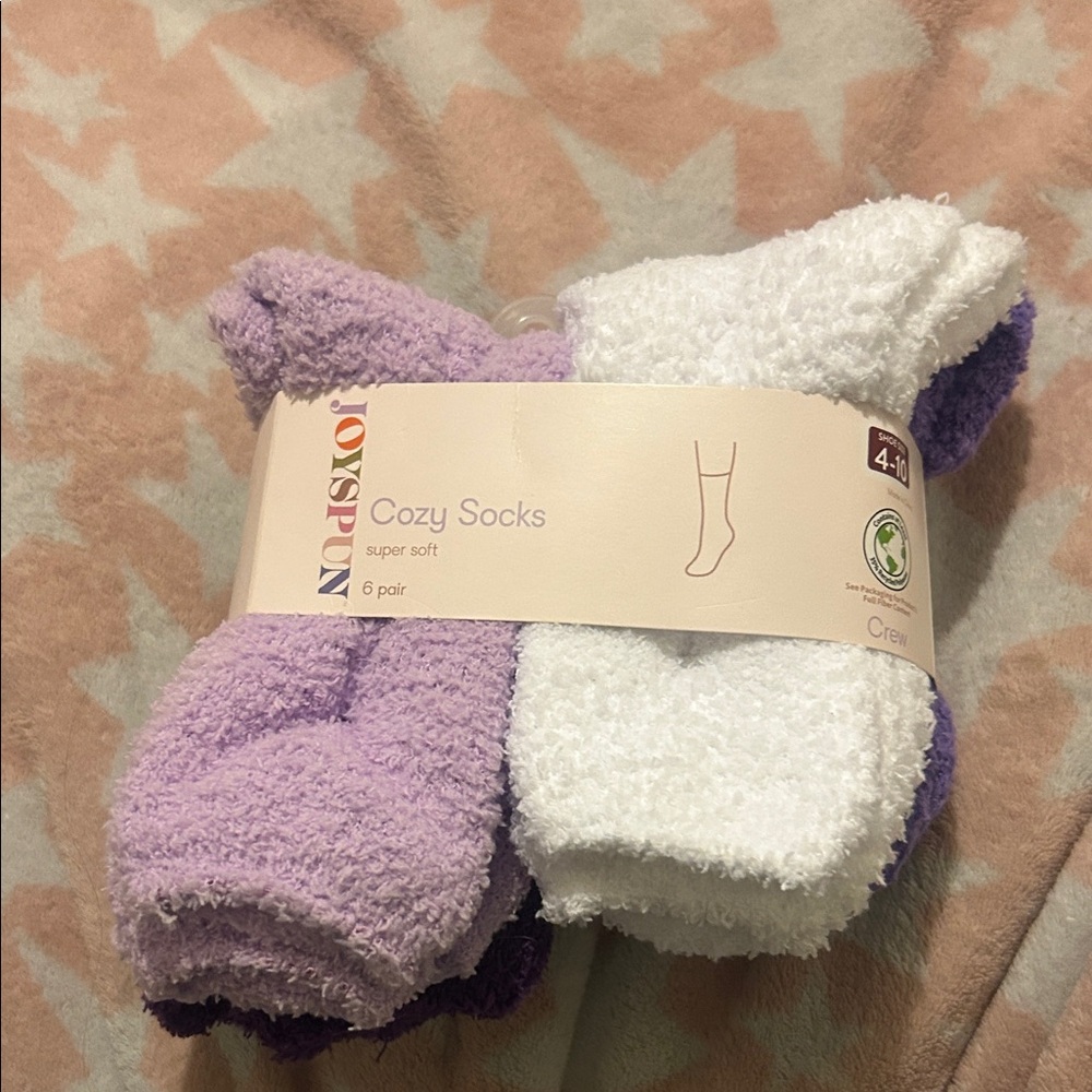 6 pack Joyspin Cozy Socks - Purple and White